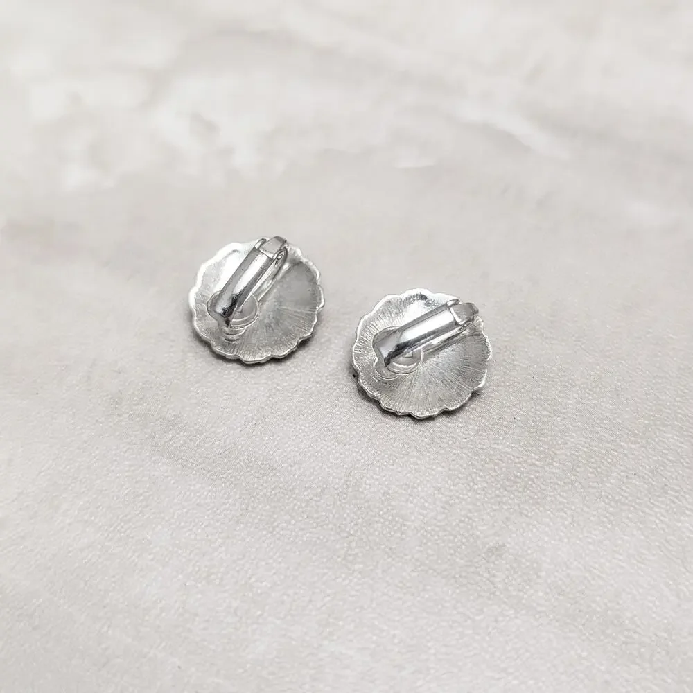 Vintage Clip On Earrings Silver Tone Flower with Black Detail & Clear Gem 5/8